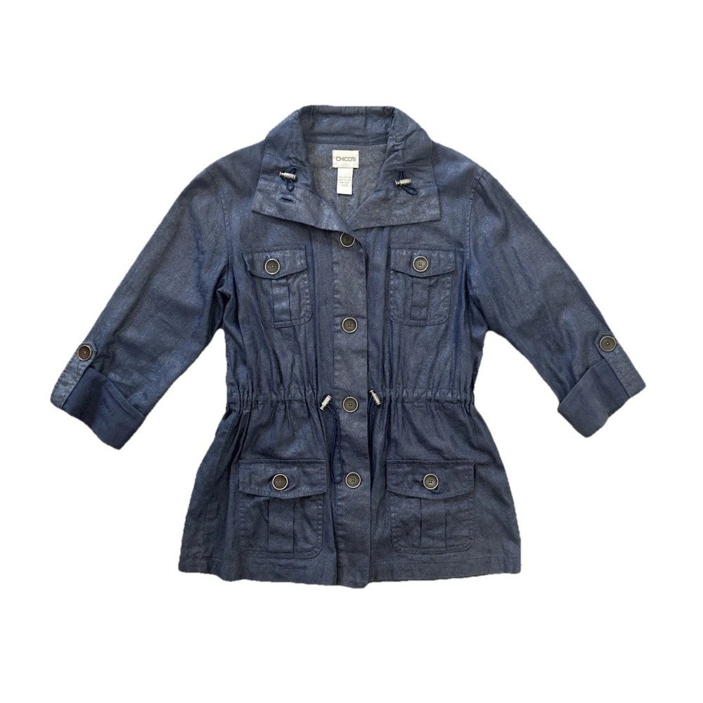 Chico's Blue Floral Print Denim Jacket Cotton Utility 3/4 Sleeve Casual Size 0